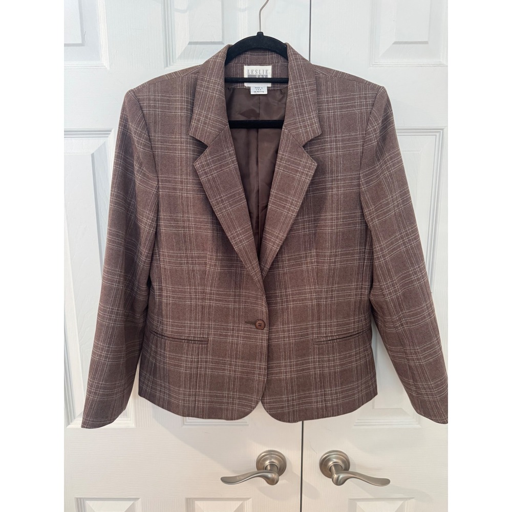 Vintage Leslie Fay Petite Brown Plaid  Blazer Jacket Size 12P Made in USA